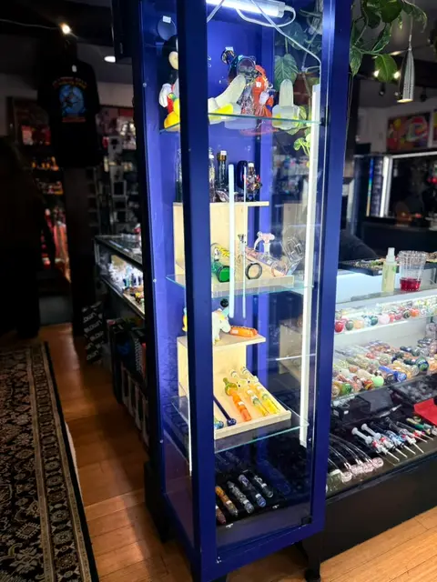 Inside the shop, glass cases under neon